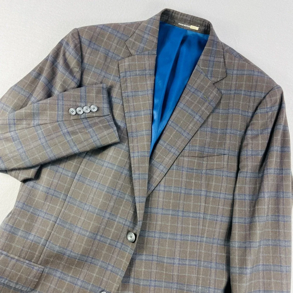 J. Hilburn Guabello Wool‎ Blazer Mens 45R Brown Blue Plaid Sport Coat Portugal